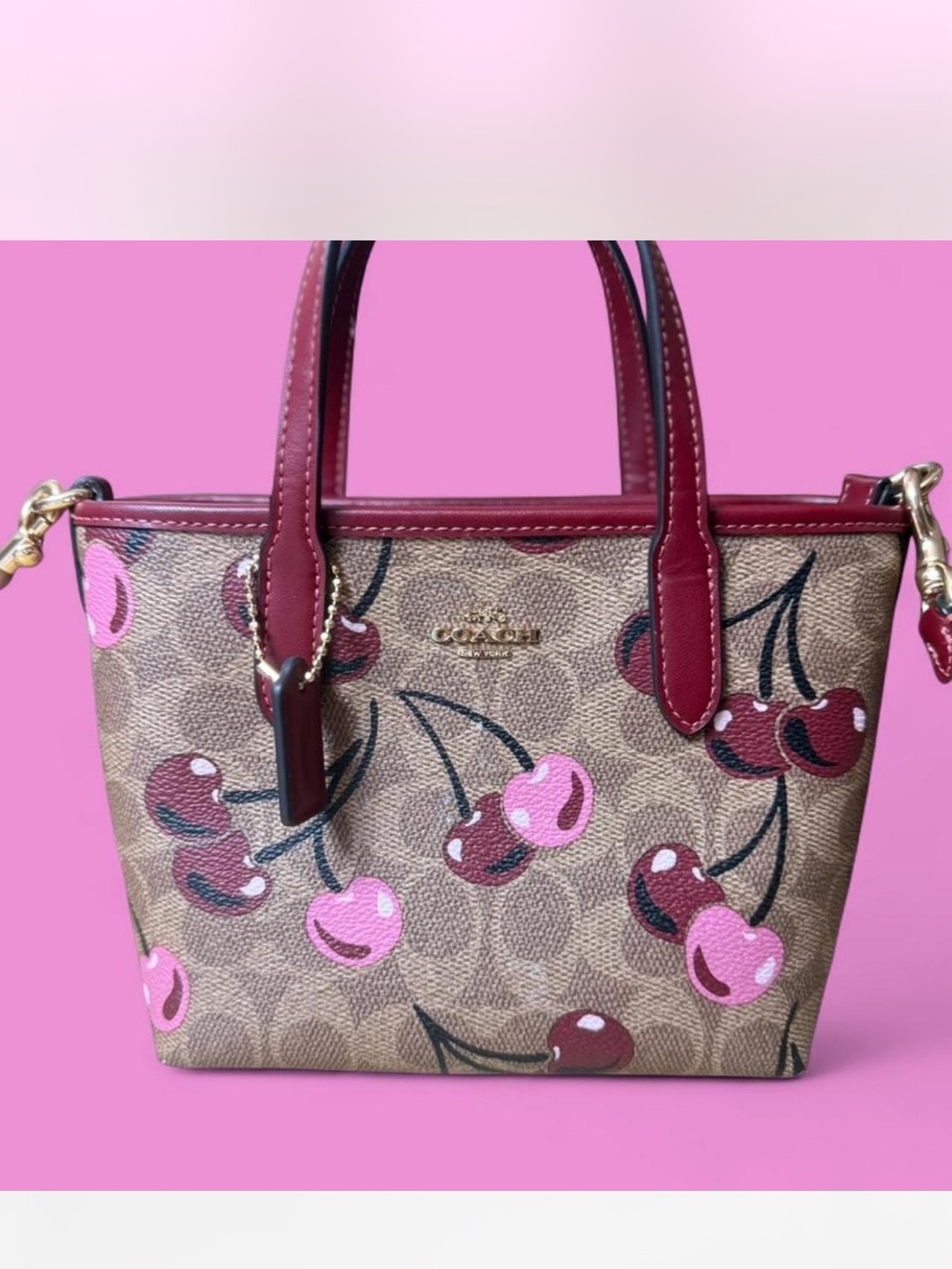 Coach Cherry Print Mini Tote in Pink and Brown